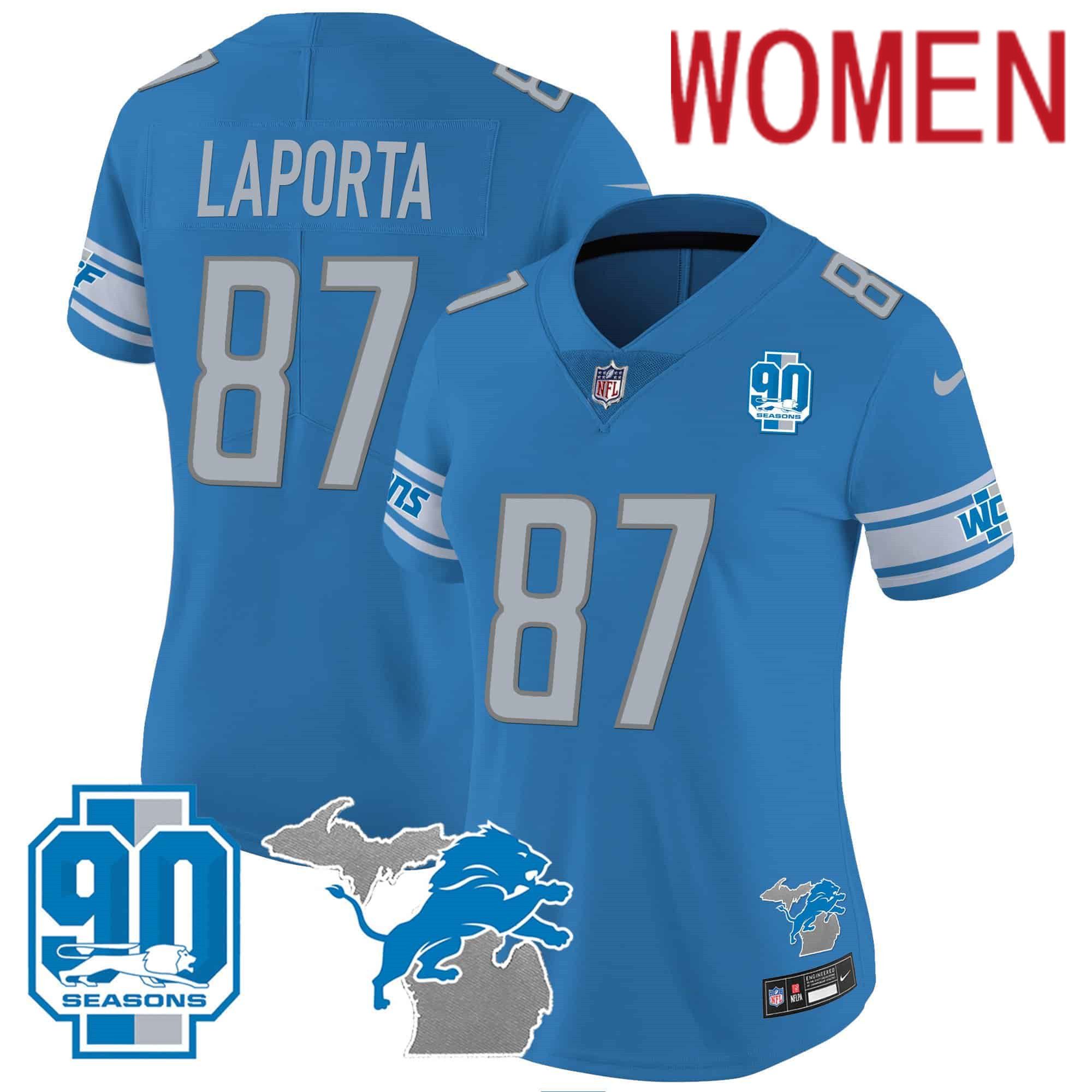 Women Detroit Lions 87 Laporta Blue 2024 Nike 90th Year Michigan Patch Vapor NFL Jersey style 1